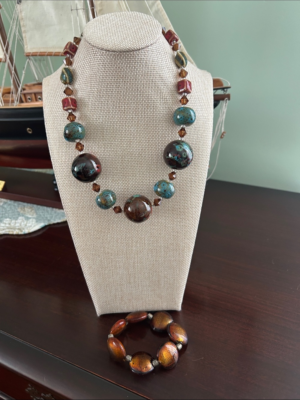 Turquoise and Brown Glass Bead Necklace and Bracelet Set